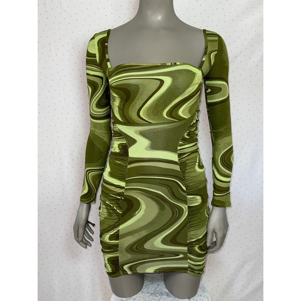 NWT ASOS DESIGN Green Psychedelic Marble Swirl Ruched Backless Mini Dress US 2